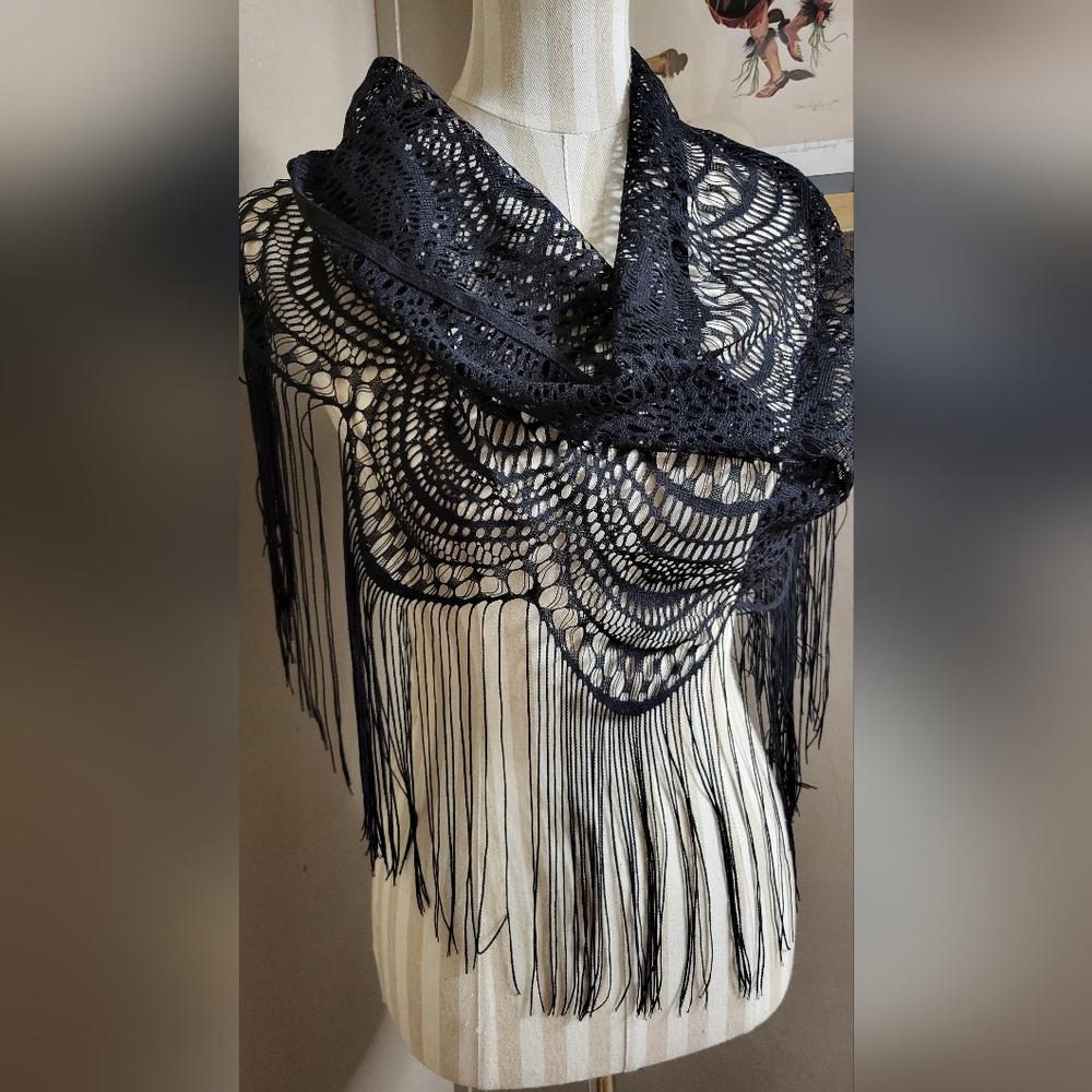 Vintage Black Fringe & Lace Shawl Wrap Western So Versitile!